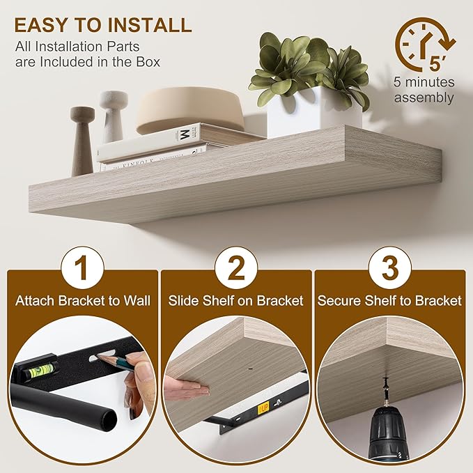 Fun Memories Floating Shelves for Wall, 20 Inch Floating Shelves Set of 2, Hanging Shelf with Invisible Brackets, Wood Shelves for Living Room, Bedroom, Kitchen, Grey