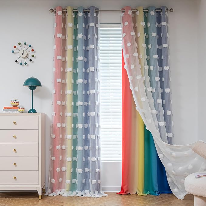 MYSKY HOME 95 Inch Long Rainbow Curtains for Girls Bedroom & Living Room - Double Layer Ombre, White Pom Pom, Blackout Sheer, Room Darkening Grommet Window Panels (2 Pieces, 52 x 95 in)