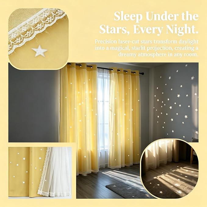 Elegant Double Layer Star Cutout Blackout Curtains, Sheer Overlay Grommet Top, Yellow, 52x84 Inches – Flowing Fit for Tall Windows & Statement Walls