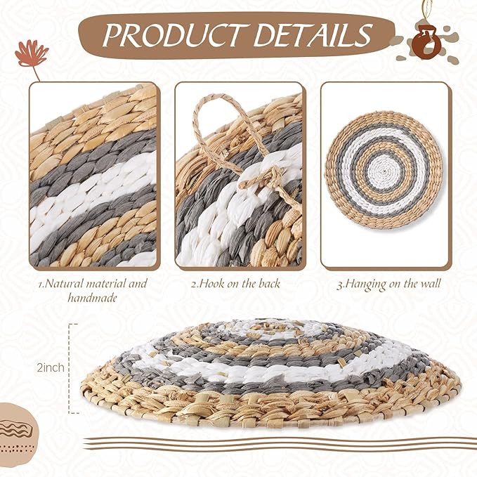 15 Pcs Boho Wall Basket Decor Woven Rattan Seagrass Wall Decor Hanging Rustic Farmhouse Western Art Decoration for Nursery Living Room Bedroom Home Kitchen(Grey White Style)