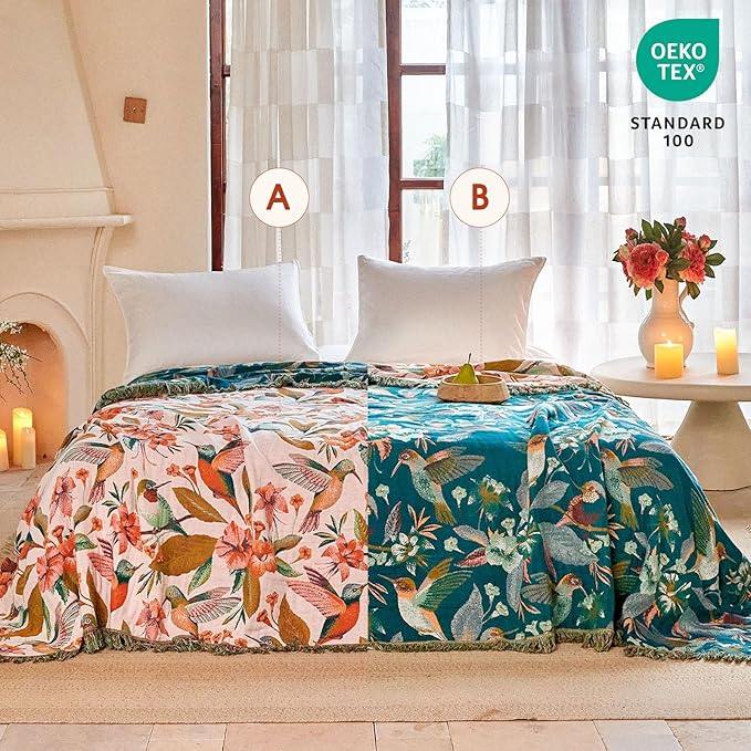Boho Throw Blanket - 90"x108" 100% Cotton Ultra Soft Lightweight Spring Blanket, 4-Layer Breathable Muslin Blankets for Bed Couch, Reversible Blue Floral Bird Printed Bohemian Cotton Quilt