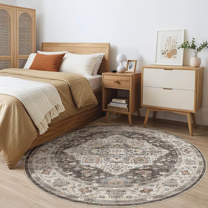 Round Rug Living Room Rugs: 10x10 Washable Boho Neutral Large Circle Soft Indoor Floral Stain Resistant Floor Farmhouse Carpet for Bedroom Nursery Kids Playroom Office Dining Room Dorm- Grey Brown