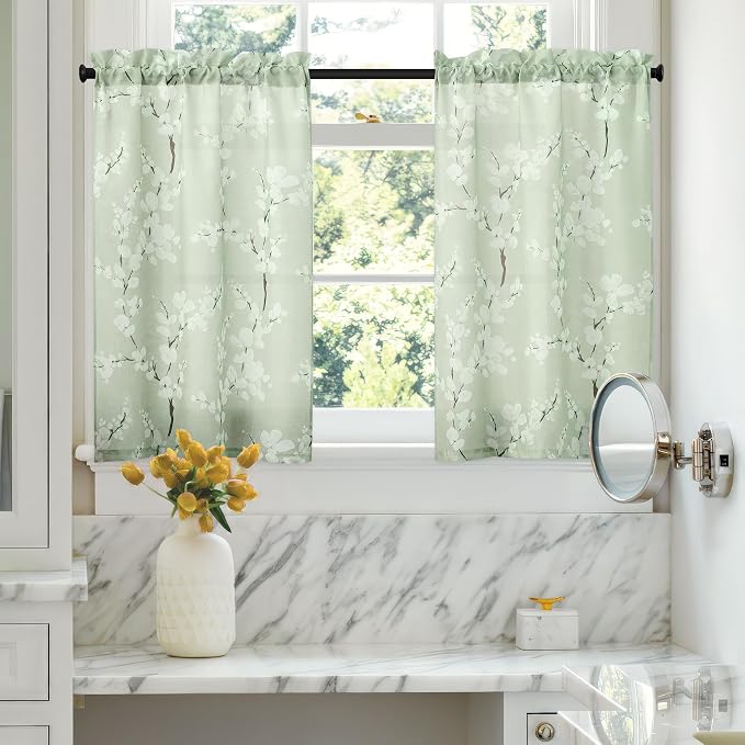 FMFUNCTEX Green White Kitchen Tier Curtains 24 Inch Length Blossom Print Half Window Drapes for Bathroom Floral Patterned Light Filtering Privacy Protected Café Curtain Panels Rod Pocket 2 Panels