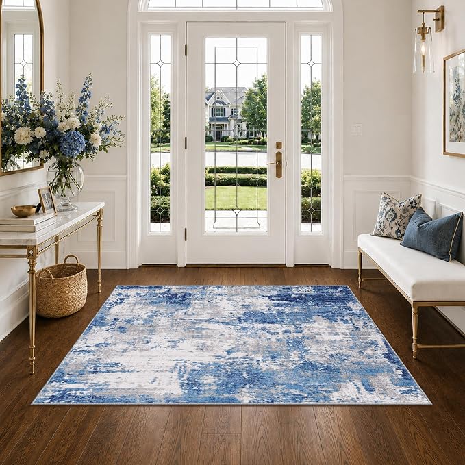 RELEANY Washable Area Rugs 4'x6' Non-Slip Modern Abstract Soft for Living Room Entryway Bedroom Kitchen, Print Pattern, Blue Grey Navy Gray