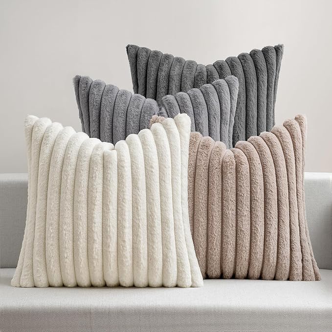 MIULEE Faux Fur Plush Decorative Throw Pillow Covers 20x20 Set of 4, Boho Farmhouse Soft Fuzzy Striped Cushion Covers for Sofa Couch Bed Living Room Vintage Rustic Home Decor,Grey Taupe