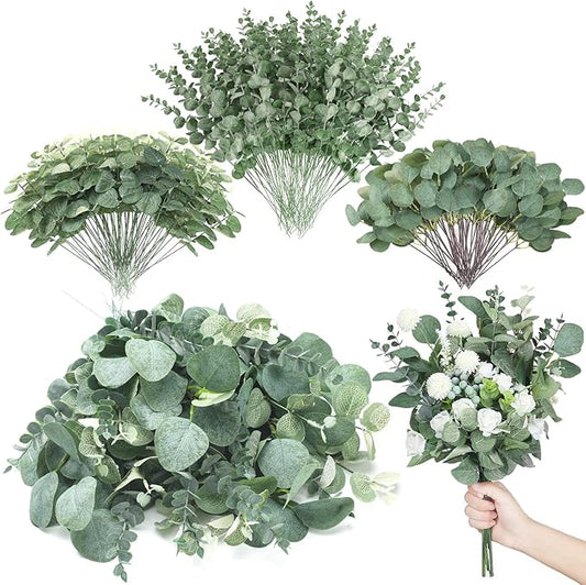 Giegxin 600 Pcs 3 Kinds Mixed Artificial Eucalyptus Leaves Stems Bulk Silver Dollar Leaves Picks Dried Eucalyptus Bundle Faux Spray for Wedding Vase Bouquet Floral Arrangement (Green)