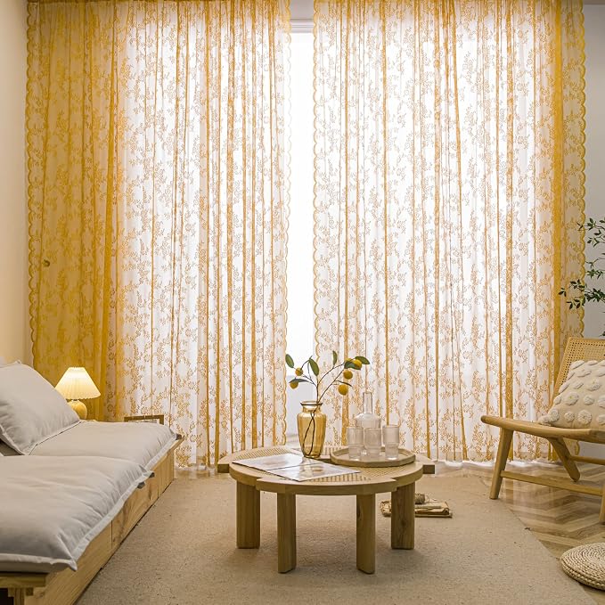 Sutuo Home Gold Lace Curtains Set of 2, Sheer Panels 63 Inch Length Floral Embroidery Vintage Voile Window Treatment Pair for Bedroom Living Room Kitchen, Shabby Chic Decor Rod Pocket, W57 x L63
