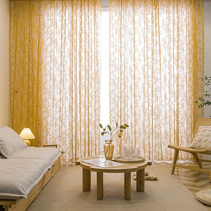 Sutuo Home Gold Lace Curtains Set of 2, Sheer Panels 45 Inch Length Floral Embroidery Vintage Voile Window Treatment Pair for Bedroom Living Room Kitchen, Shabby Chic Decor Rod Pocket, W57 x L45
