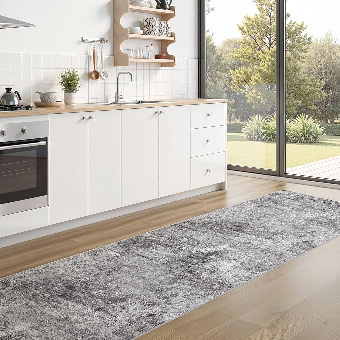DMOYEST Washable Runner Rug for Hallway: 2.6x12 Neutral Modern Abstract Low Pile Area Rug with Non-Slip Backing - Carpet for Bedroom Kitchen Laundry Entryway Bathroom Indoor - Grey