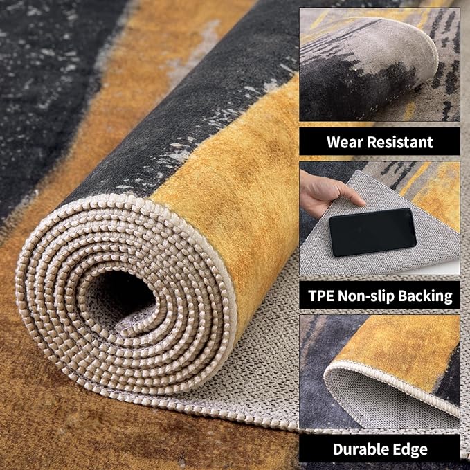 Ciicool Modern Abstract Area Rug 2x3 Washable Small Entryway Rugs,Black Gold Non-Slip Low Pile Throw Entry Rug, Foldable Kitchen Bathroom Rugs Floor Carpet for Entrance Bedroom Indoor Doormat