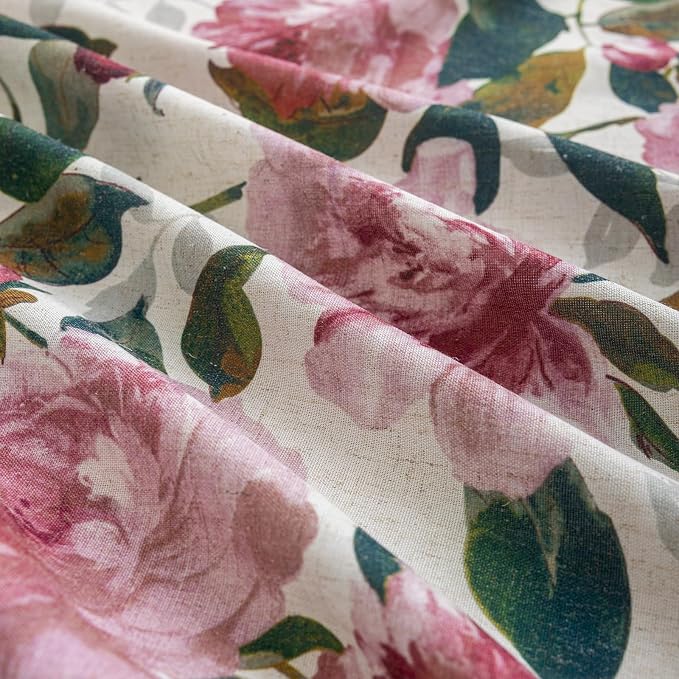 ALIGOGO Floral Linen Patio Curtain for Sliding Door, Extra Wide Curtain 100 Inch for Glass Doors, Elegant Semi-Sheer Light Filtering Farmhouse Grommet Room Divider Drape 1 Panel, W100 x L90 Inch, Pink