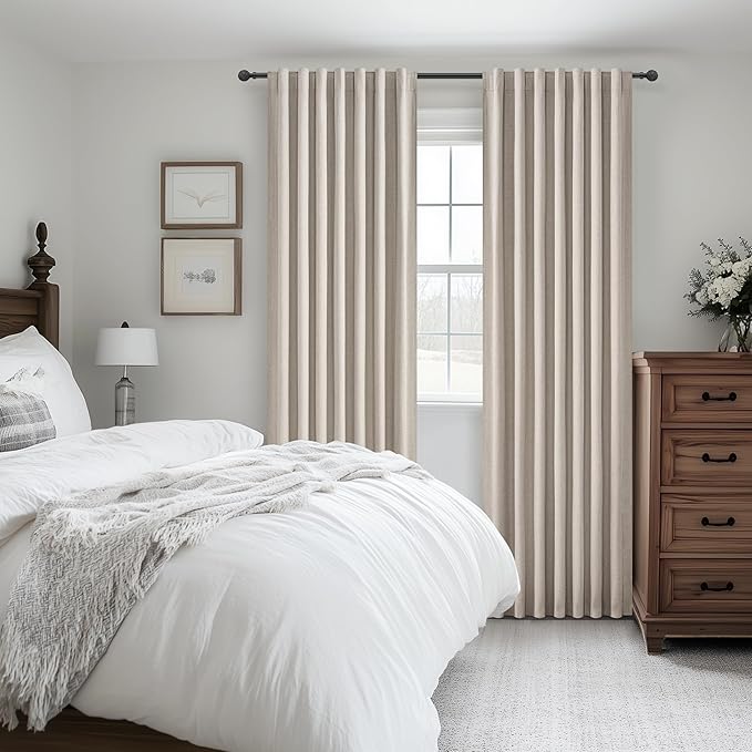 Grey Flax Taupe Short Small Window Room Darkening Curtains 54 Inches Long for Bedroom/Basement, Boho Linen Thermal&Soundproof Blackout Curtain Back Tab Pleated with Hooks Light Tan (50"Wx54L 2 Panels)