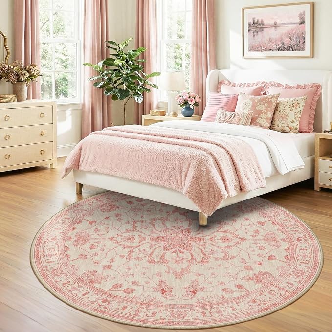 RELEANY Area Rugs Round 8ft Washable Non-Slip, Floral Vintage Distress Medallion Carpet for Living Room Bedroom Dining Room, Pink Light Vintage Pink
