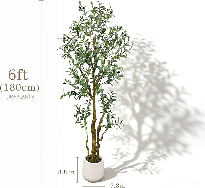 6FT Artificial Olive Tree with White Planter,Silk Fake Plants with Three Thick Trunk and Lifelike Fruits,Indoor Outdoor Fake Large Tree for Home Office Living Room Decor