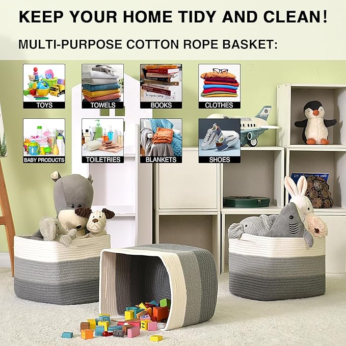 Storage Baskets for Organizing Shelves, Woven Cotton Rope Basket for Storage, Dog Toy Baskets Storage Kids, Book Bins for Living Room Bedroom, 14.8"×11"×9.5", Pack of 3, Gradient Grey