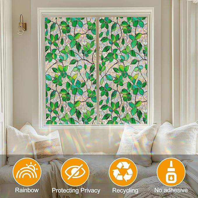 COUNTEWOL Window Privacy Film with Installation Tools Home Decorative Colored Glass Window Stickers Reusable electrostatic Rainbow Stickers (Greenery Leaf, 45.2 x 78.7 in)
