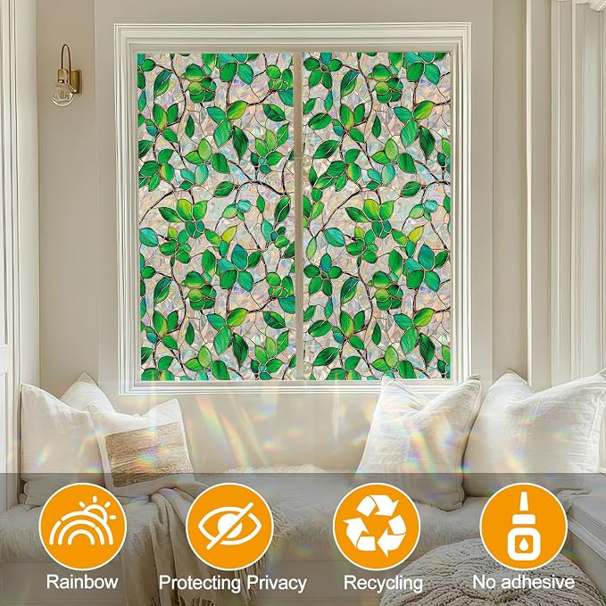 COUNTEWOL Window Privacy Film with Installation Tools Home Decorative Colored Glass Window Stickers Reusable electrostatic Rainbow Stickers (Greenery Leaf, 45.2 x 157.4 in)