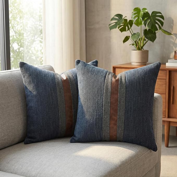 Set of 2 Leather Throw Pillow Covers Lumbar Cotton Linen Decor Patchwork Pillow Cover Faux Leather Pillows Cover for Couch Sofa Living Room Bedroom,Navy Blue 12"x20"