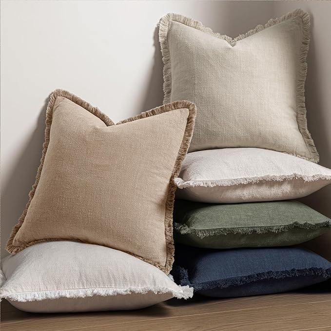 MIULEE Decorative Throw Pillow Covers Neutral Linen Fringe Throw Pillows Set of 2 Camel Boho Farmhouse Cushion Covers with Tassels for Couch Sofa Bed Living Room Spring Decor 20x20 Inch