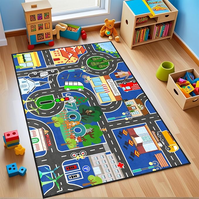Road Rug for Kids - Car Rug Play Mat for Boys Room, Blue Road Carpet Playmat Fun Race Track Car Carpet for Kids Bedroom Playroom Home Decor Floor Mat, 4.5x6 Feet