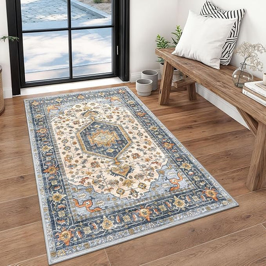 KUTA Vintage Rug 3x5 Area Rugs for Living Room Ivory Blue Washable Kitchen Carpet Non-Slip, Ultra Soft Printed Tribal Entry Low-Pile Throw for Entrance Bedroom Home Décor