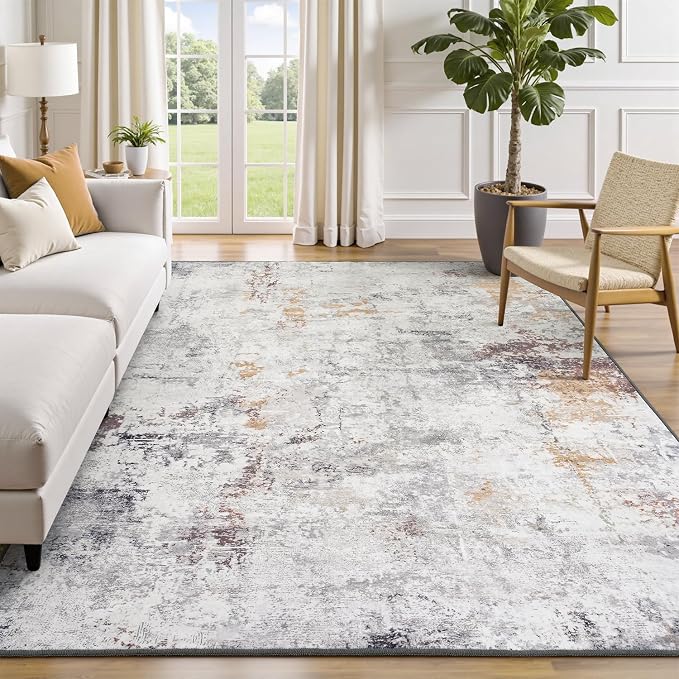 Rugflix 5x7 Area Rugs for Living Room, Washable Large Rug Stain-Resistant Low Pile, Modern Neutral Carpet for Dining Room Home Office Kid Room Nursery Bedroom, Grey Brown