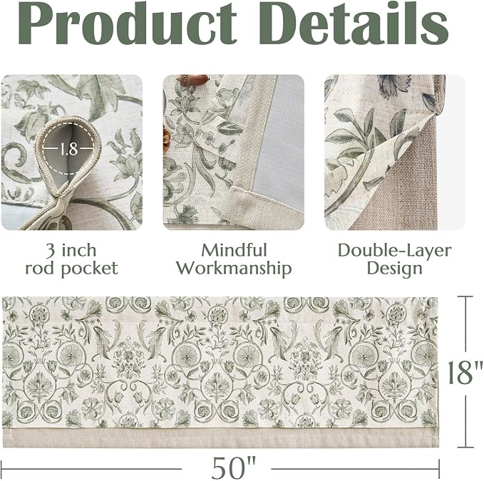 jinchan Linen Valance Kitchen Curtain Pack of 2 Double Layer 18 Inch for Living Room Bedroom Window Treatment Light Filtering Vintage Farmhouse Cottagecore Rod Pocket 2 Panels Green on Beige