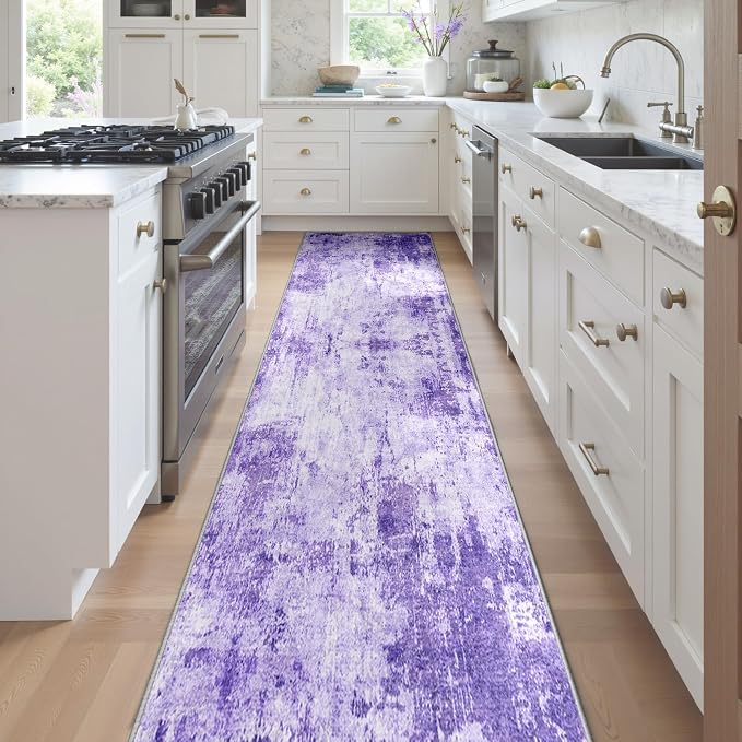 RELEANY Washable Area Rugs 2'x8' Non-Slip Modern Abstract Soft for Living Room Entryway Bedroom Kitchen, Print Pattern, Purple Gray Pink White