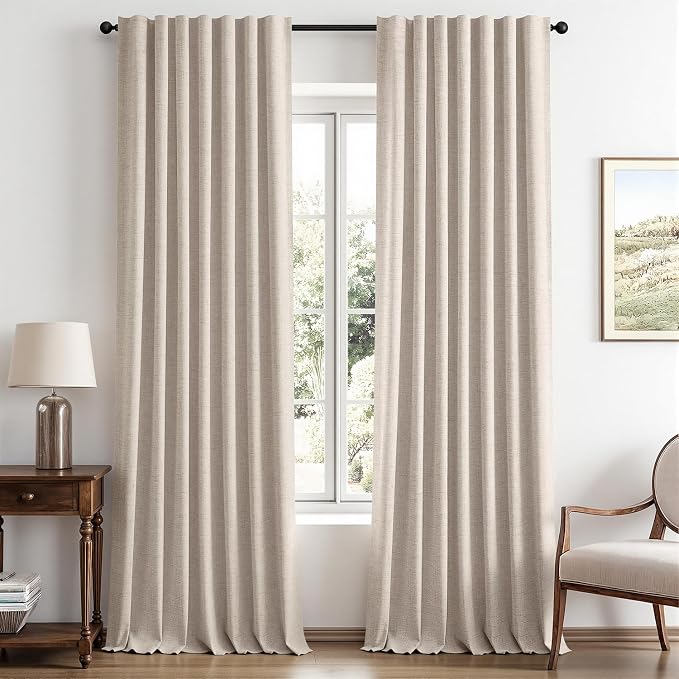 MIULEE 100% Blackout Linen Curtains for Bedroom, Natural Solid Luxury Decor Thermal Insulation Room Darkening Drapes for Living Room Back Tab Rod Pocket 42 x 96 Inches, 2 Panels