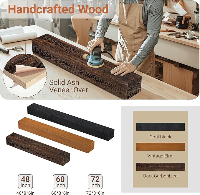 Heimlove Fireplace Mantel Shelf 48 Inch,Handmade Rustic Solid Wood Mantles for Over Fireplace,Wall Mounted Floating Fireplace Mantel Shelf for Living Room Decor,48"x 8"x 6"-Dark Carbonized