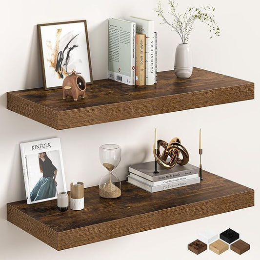 32Inch Floating Shelves for Wall, 12 Inch Deep Shelves for Bedroom, Kitchen, Bathroom Wall Mounted, Rustic Wood Floating Shelf with Invisible Brackets for Books, Storage, Decor, Rustic Brown, 2 Packs