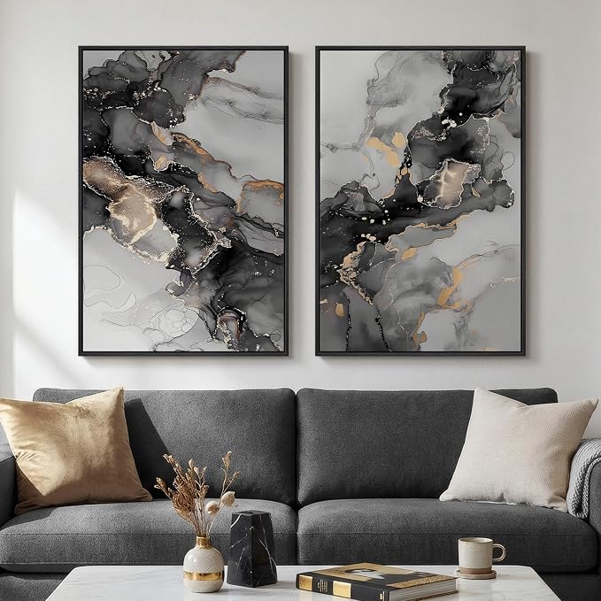 Framed Abstract Black and Gold Wall Art for Living Room, Set of 2 Large Modern Canvas Paintings Prints, Contemporary Marble Motifs Picture Artwork for Bedroom Office Hallway Wall Decor, 24x36 Inch