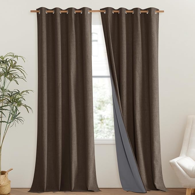 NICETOWN Coffee Vintage Linen 100% Blackout Curtains for Living Room, Thermal Insulated Curtains 120" Long, Noise Reducing Window Treatment Drapes for Hall Room, 52" Wide Per Panel, Set of 2