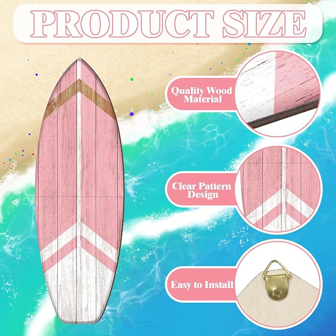 Yookeer 3 Pcs Surfboard Wall Decor,36" x 12" Large Wooden Coastal Beach Wall Decor Set, Aesthetic Cute Beachy Tropical Surf Board Art for Room Bedroom Decoration(Pink,Classic)
