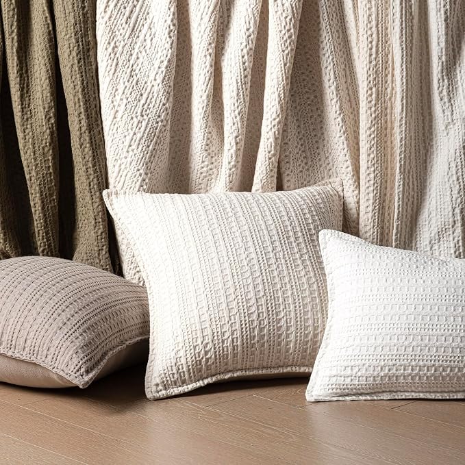 Foindtower Set of 2 Decorative Cotton Waffle Weave Throw Pillow Covers Euro Shams Cushion Covers Accent European Pillowcase for Bed Couch Sofa Bedroom Living Room Home Decor 22×22 Inch Cream White
