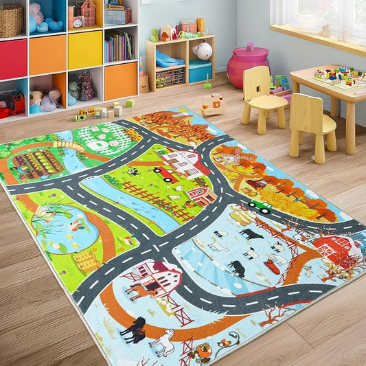Car Rug Play Mat for Kids Toy Cars, 4' x 5' Town Country Barn Track Road Carpet, Non-Slip Machine Washable Rugs Four Seasons Farm Theme Traffic Mat for Kids Room Bedroom Game Safe Area