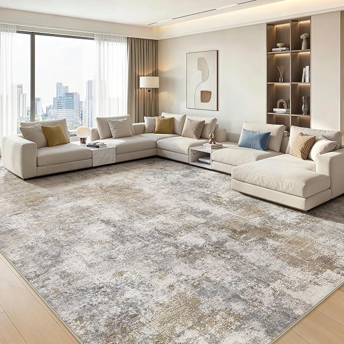 WITSHOCK Area Rugs 12x18 Living Room Rug - Washable Neutral Soft Low Pile Non-Slip Modern Abstract Thin Large Indoor Carpet for Bedroom Dining Room Nursery Office - Light Brown Grey