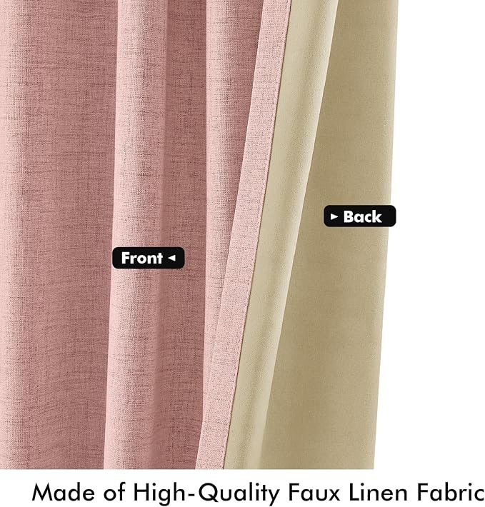 MIULEE 100% Blackout Linen Curtains for Bedroom, Blush Pink Solid Luxury Decor Thermal Insulation Room Darkening Drapes for Living Room Back Tab Rod Pocket 42 x 90 Inches, 2 Panels