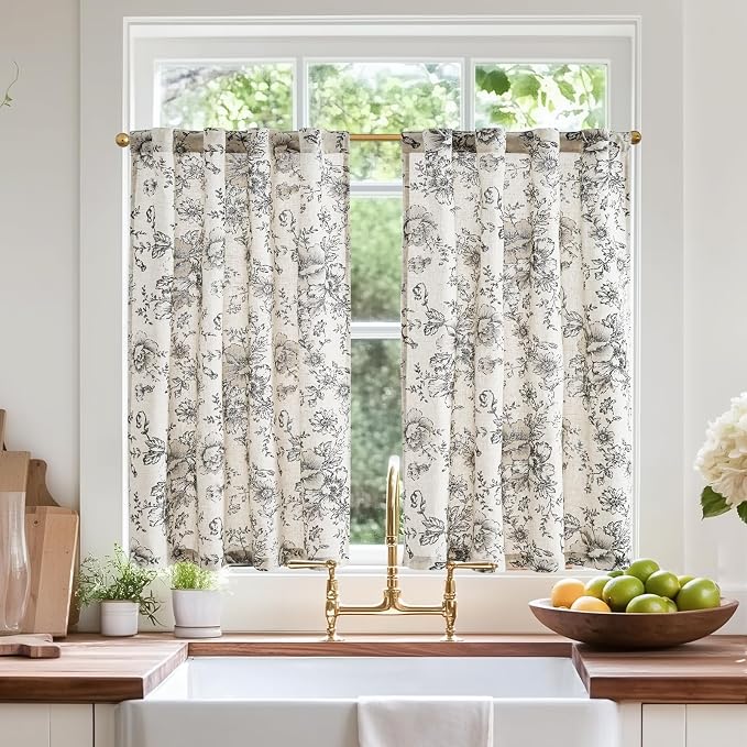 jinchan Linen Floral Tier Curtains 36 Inch Farmhouse Botanic Cafe Curtains Light Filtering Drapes for Small Windows Back Tab Half Window for Kitchen Living Room Bathroom 2 Panels Black