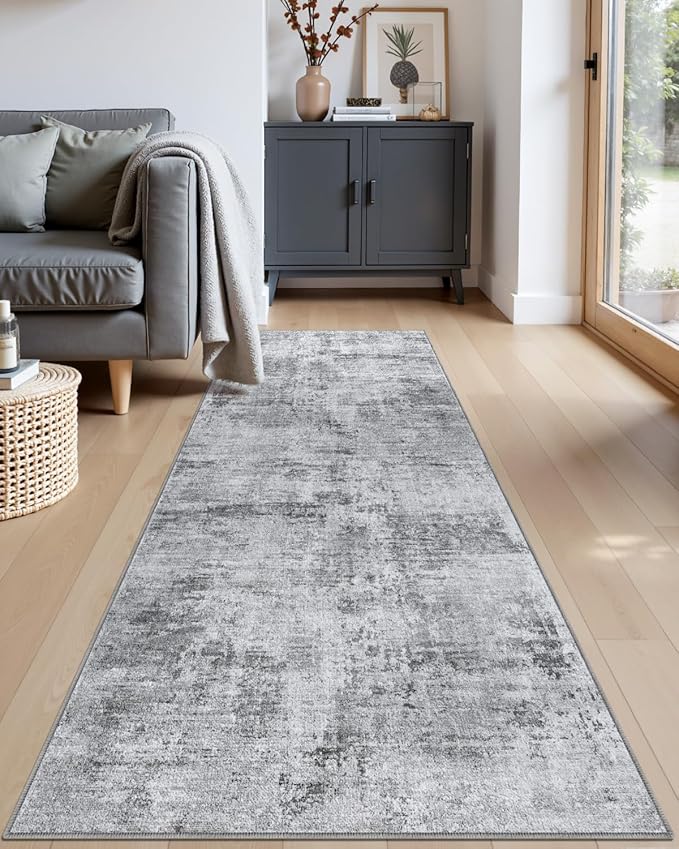DEXI Hallway Runner Rug Washable 3x8, Modern Abstract Soft Thin Hallways Runner with Non Slip Backing, Low Pile Entryway Floor Rug, Stain Resistant Carpet for Bedroom Living Room, Light Grey