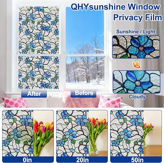 QHY Sunshine Privacy Window Film with Installation Tool Decorative Stained Glass Window Stickers Reusable Window Film (Indigo Waviness, 17.5 x157.4)