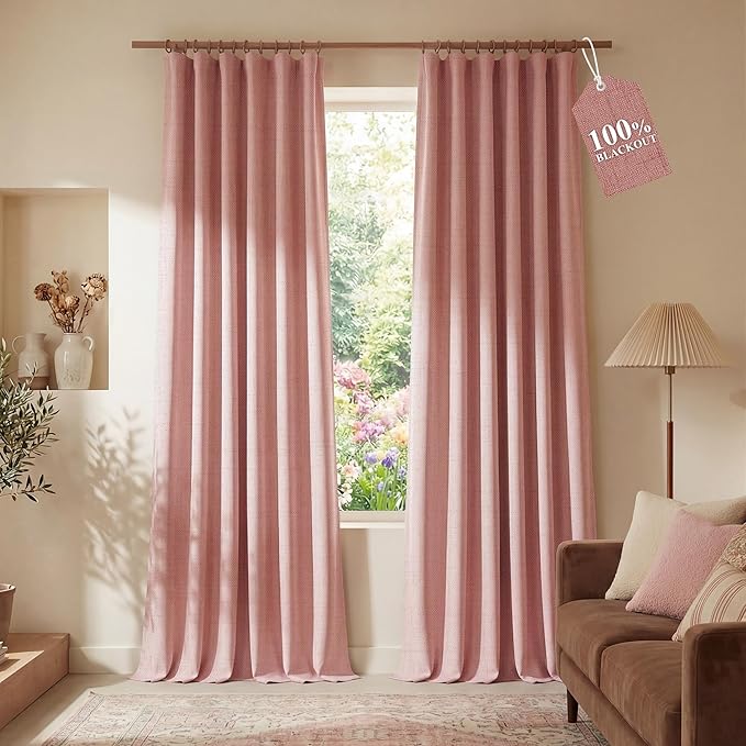 NICETOWN Full 100% Blackout Pink Linen Curtains with White Liner, Thermal Soundproof 3-in-1 Weighted Drapes Multi-Hanging Options (Hook Belt) for Nursery & Bedroom, 2 Panels, 52" W x 108" L