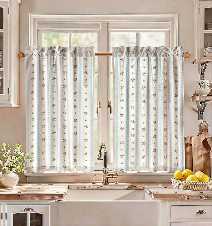 Miss Adola Farmhouse Kitchen Tier Curtains - 36 Inch Length Linen Blend Boho Cafe Curtains Blue Floral Small Window Treatments Over Sink Rod Pocket for Bathroom Living Room Light Filtering, 2 Panels