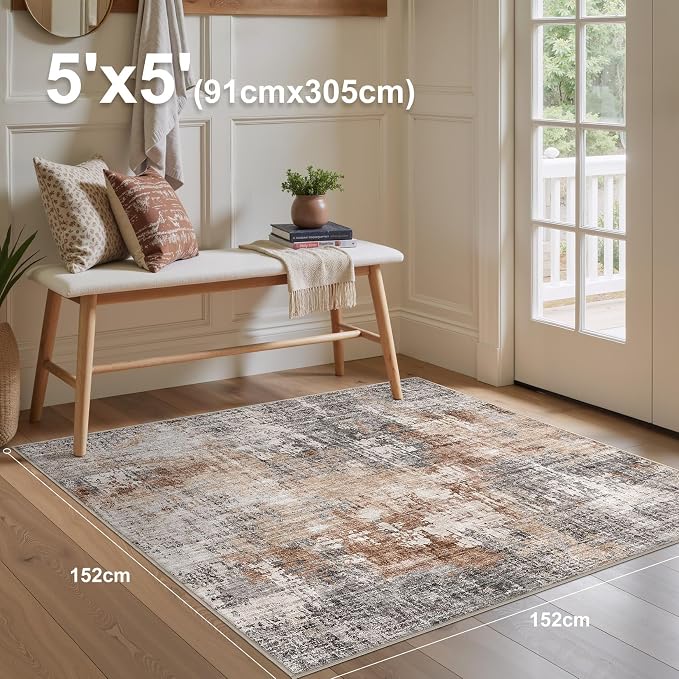 DMOYEST Square Area Rug Living Room Rugs - 5x5 Washable Large Soft Indoor Neutral Modern Abstract Low Pile Rug Carpet for Bedroom Dining Room Farmhouse Home Office - Grey Brown