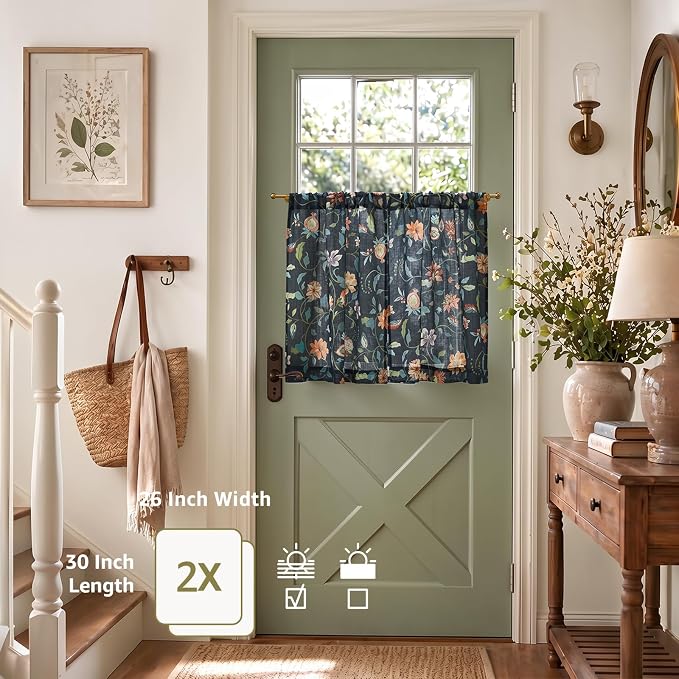 jinchan Hattie Floral Linen Kitchen Curtains 30 Inch Length Vintage Cottage Core Farmhouse Cafe Curtains Light Filtering Small Window Drapes for Living Room Bathroom Rod Pocket 2 Panels Dark Blue