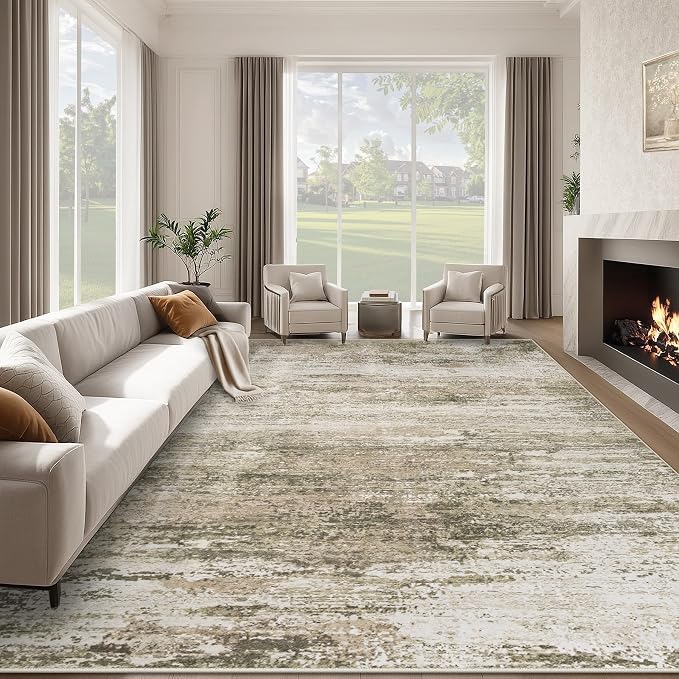 Washable Rug 9x12 Area Rugs for Living Room: Large Neutral Soft Rug Abstract Non Slip Low Pile Modern Carpet for Bedroom Kitchen Nursery Office Dining Room Indoor (Brown, 9'x12')