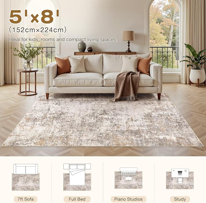 Area Rugs 5x7 Living Room: Washable Large Abstract Modern Neutral Soft Rug Stain Resistant Non-Slip Backing Carpet for Bedroom Dining Room Indoor Nursery Dorm Home Office Decor - Brown Grey