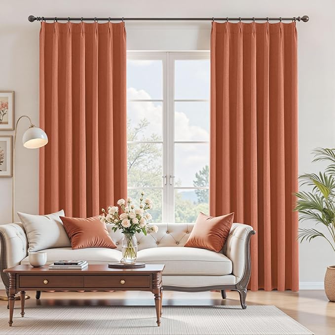 Blackout Curtains 45 Inch Long for Bedroom & Living Room Terracotta Pinch Pleat 100% Room Darkening Noise Reducing Thermal Insulated Linen Drapes, 2 Panels Set with Back Tab