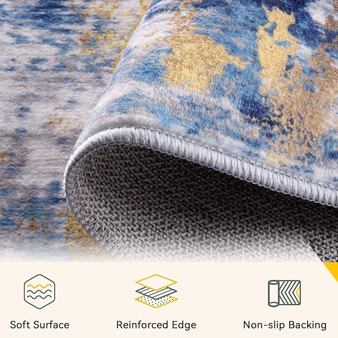 RELEANY Washable Area Rugs 6'x8' Non-Slip Modern Abstract Soft for Living Room Entryway Bedroom Kitchen, Print Pattern, Grey Blue Gold/Golden