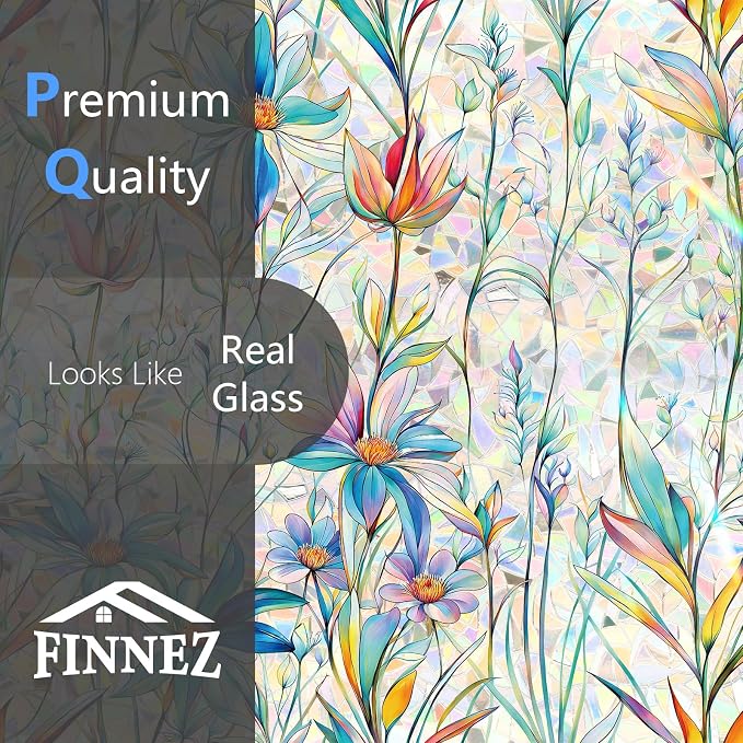FINNEZ Window Privacy Film Stain Glass Film Flowers Rainbow Window Film Window Clings Non-Adhesive Reusable Decorative for Home（Blue Lotus，23.6 Inch x 6.5 Feet）